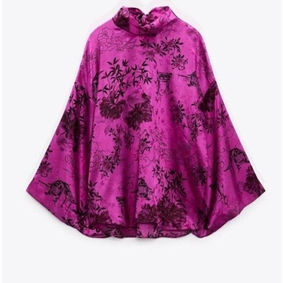 NWT ZARA FUCHSIA JACOUARD SATIN PRINTED JAPANESE BLOUSE Sz SMALL - Picture 6 of 7
